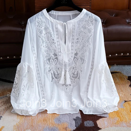 Blusas Mujer De Moda 2025 Summer Elegant Blouses Womens Clothing Embroidery Lantern Sleeve Shirts Loose Lace White Tops Femme