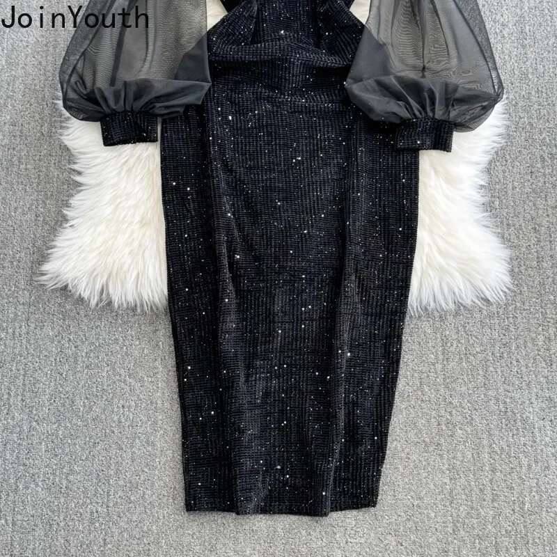 Temperament Robe Femme Black Patchwork Gauze Dress Women 2025 Vestidos De Mujer Lantern Sleeve Velvet Sequin Bodycon Dresses