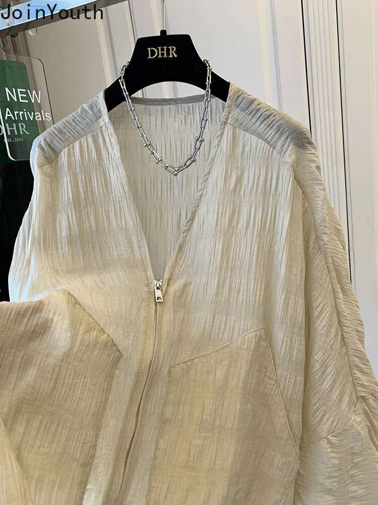 Vintage Coat Womens Clothing V-neck Zipper Folds Crop Tops 2025 Ropa Mujer Korean Outwear Fashion Casual Summer Thin Jackets