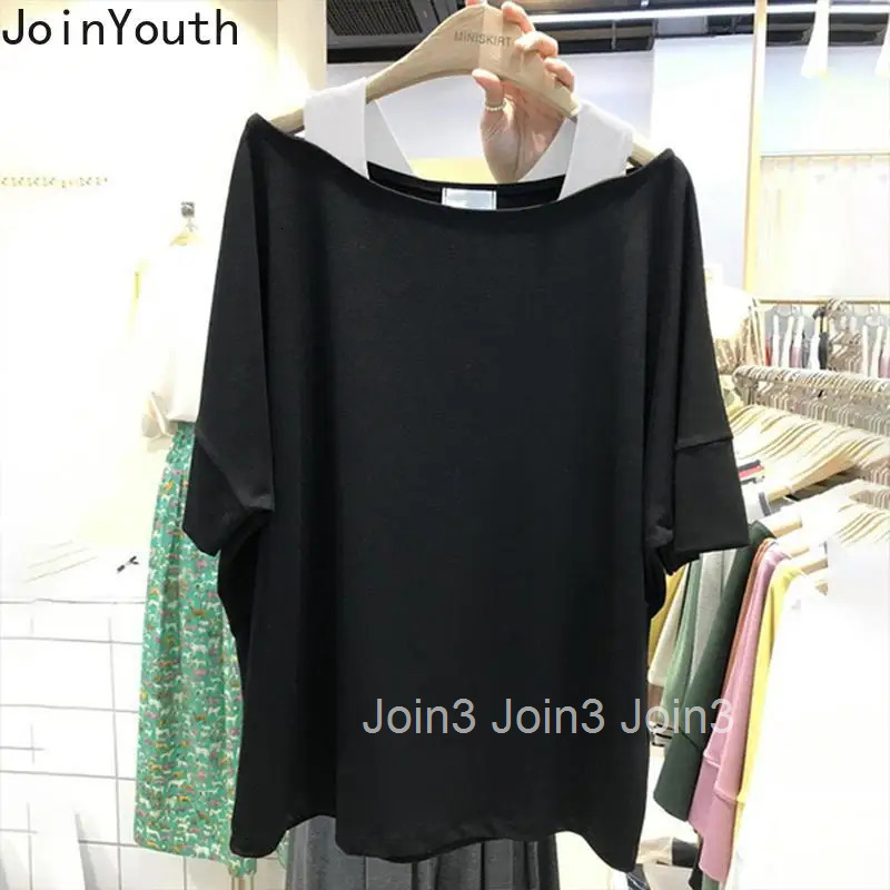 Fake Two T Shirts for Women Summer Fashion Tees Oversized T-shirt Y2k Tops 2025 Ropa Mujer Slash Neck Casual Korean Camisetas
