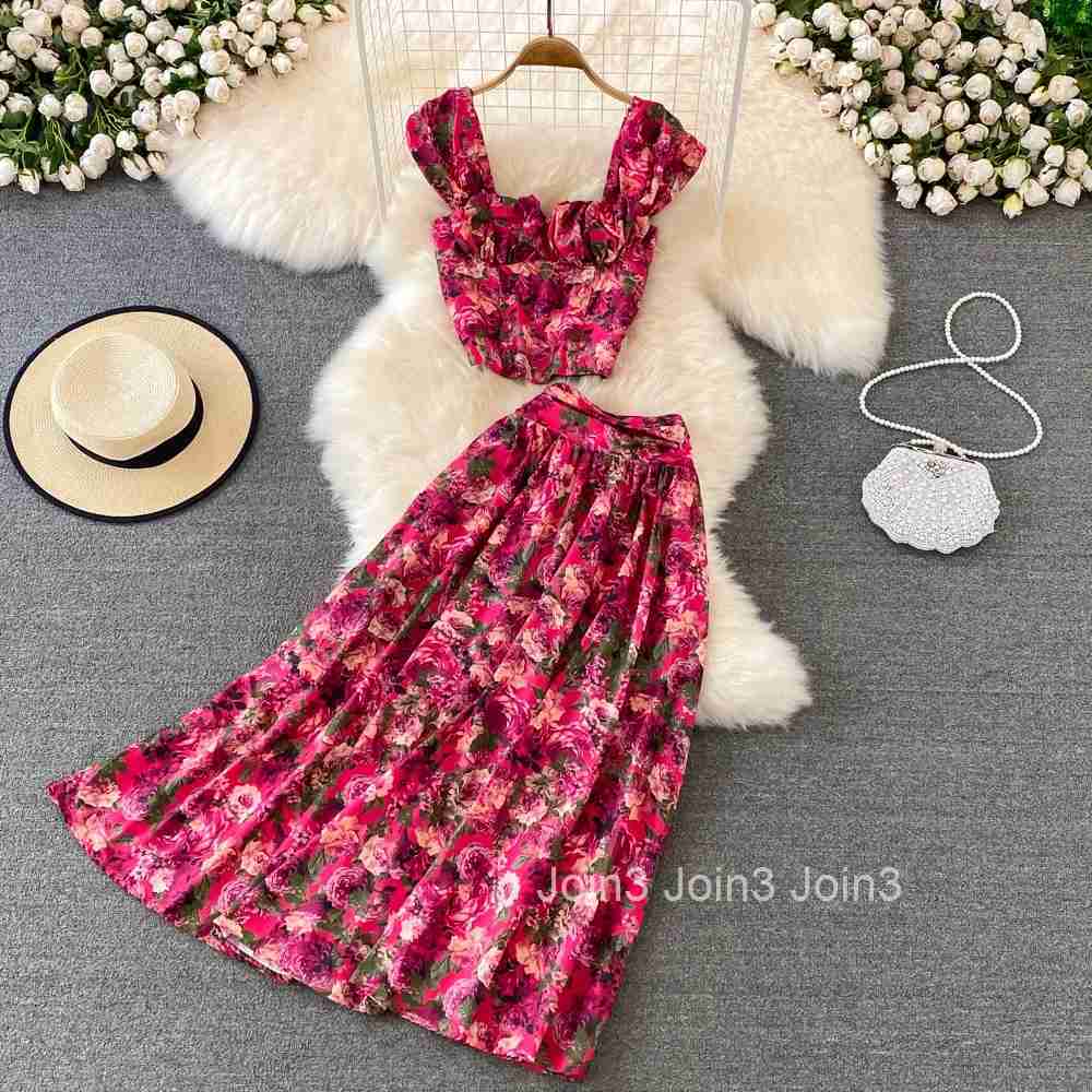 Skirt Suit Women Clothes Fashion 2 Piece Sets Roupas Femme Tunic Vest High Waist A-line Big Swing Skirt Outfits Print Summer Set