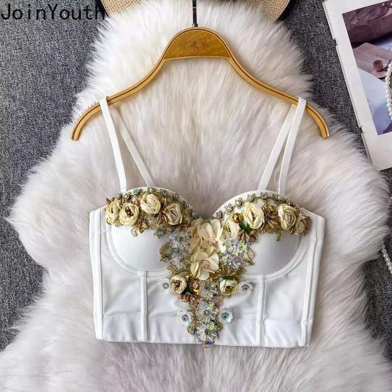 Heavy Diamond Women Tanks Crop Tops Temperament Tees 3D Floral Slim Fit Summer Camis Fashion Korean Summer Sexy Vest Ropa Mujer