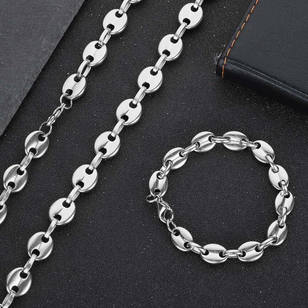 Hip Hop Real Gold Plated 8mm Coffee Bean Lobster Clasp Stainless Steel Pig Nose Button Necklace efee