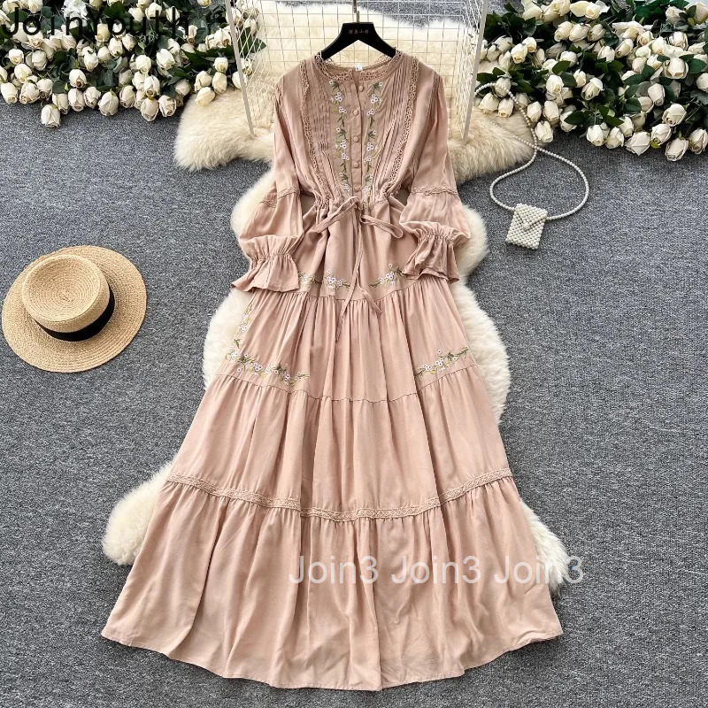 Vintage Dress Women Clothing Slim Waist Patchwork Lace Elegant Robe Femme 2025 Vestidos De Mujer Embroidery Summer Maxi Dresses