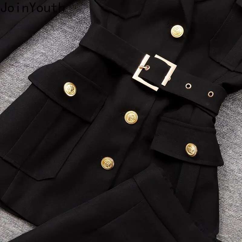 Winter Clothes Temperament 2 Piece Set Women Double Breasted Buckle Tunic Jackets High Waist Short Suit Thicked Vintage Outfits
