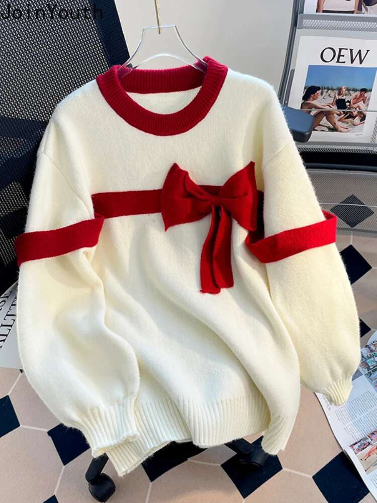 Sweet Sweater Tops Women Clothing Bandage Bow Red Jumper Sueter Mujer O-neck Long Sleeve Knitwear Oversized Pullovers Pull Femme