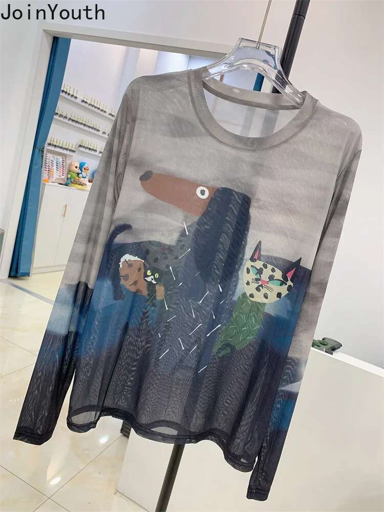 O-neck Tie-dye Tshirts Womens Clothes Long Sleeve Tunic Gauze Camisetas Fashion Tees Y2k Tops Print See Through Summer Tshirt