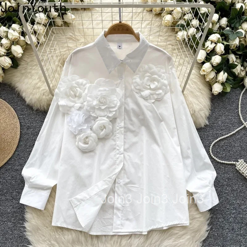 Temperament Blouses for Women 2025 Camisas De Mujer 3D Floral Temperament Shirts White Tops Vintage Long Sleeve Korean Blouse