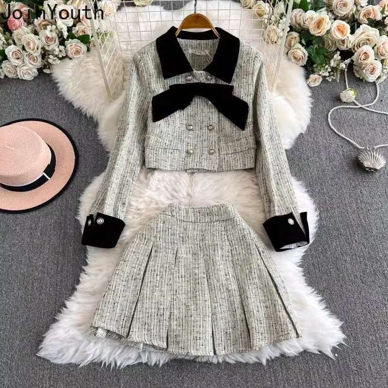 Skirt Outfits Vintage Womens Two Piece Sets Roupas Femme Double-breasted Bow Crop Coats High Waist Pleated Mini Skirts Suit