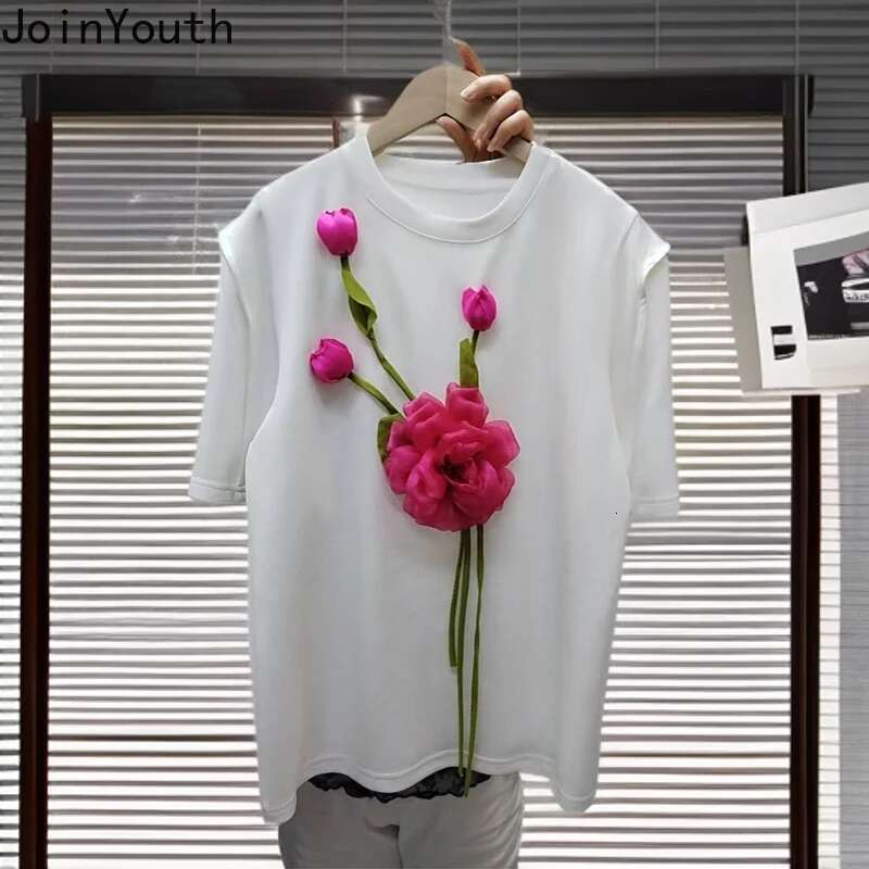 Chic 3D Floral T Shirts for Women 2025 Ropa Mujer Short Sleeve O-neck Camisetas Summer Tees Casual Sweet Loose White T-shirt