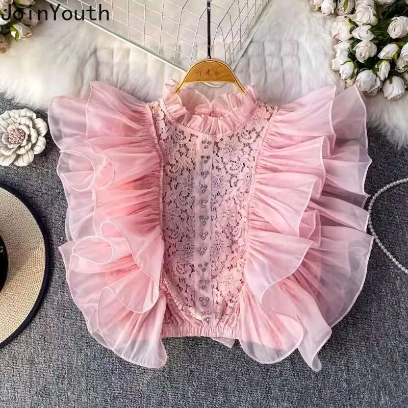 Camisas De Mujer Summer Blouses 2025 Womens Clothing Stand Neck Patchwork Lace Ruffles Shirts Temperament Korean Blouse Tops
