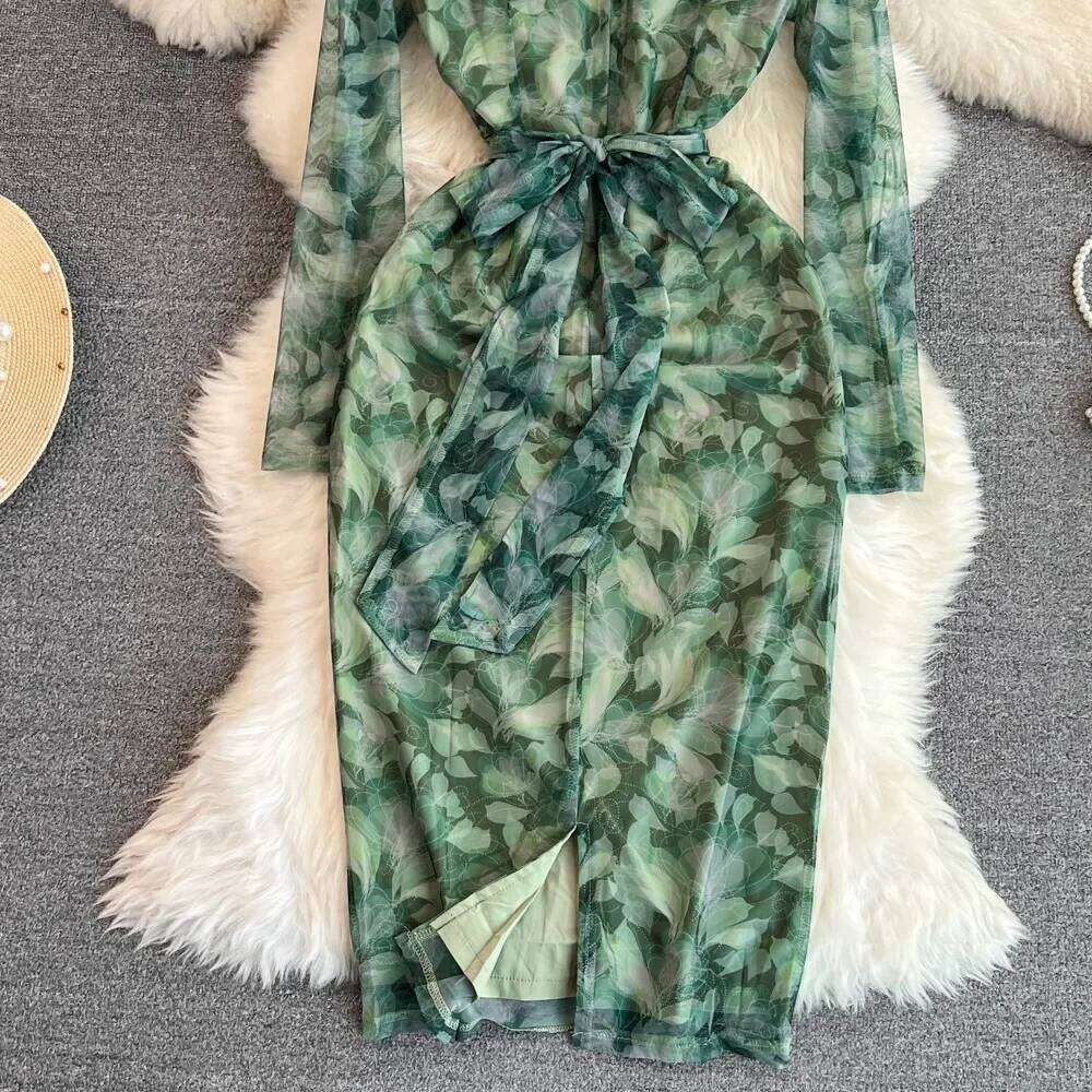 Chic Elegant Floral Print Mesh Criss-Cross Sexy French Vestidos Long Sleeve High Waist Women Spring Autumn Pencil Dress