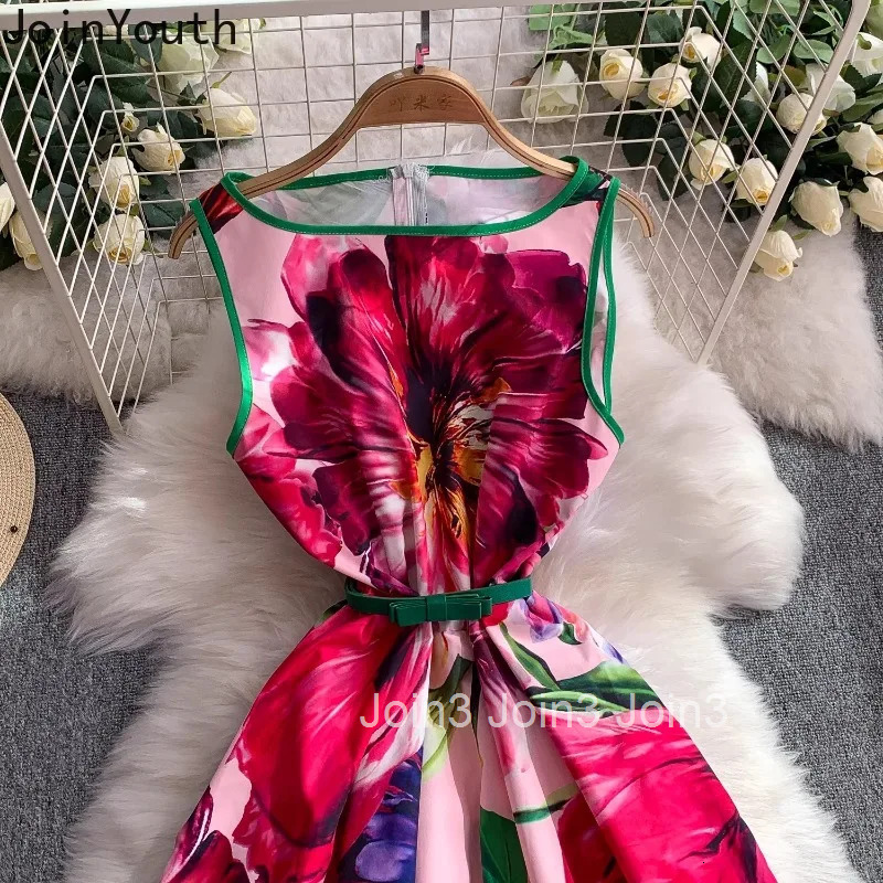 Summer Floral Print Dresses for Women 2025 Vestidos De Mujer Slim Waist Sleeveless Robe Femme O-neck Big Swing Chic Maxi Dress