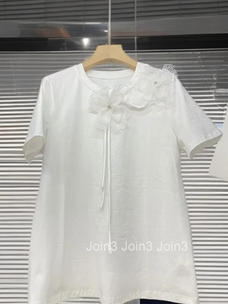White Shirts for Women Summer T Shirts Heavy Diamond Floral Casual Tees Short Sleeve O-neck Camisetas Y2k Tops 2025 Ropa Mujer