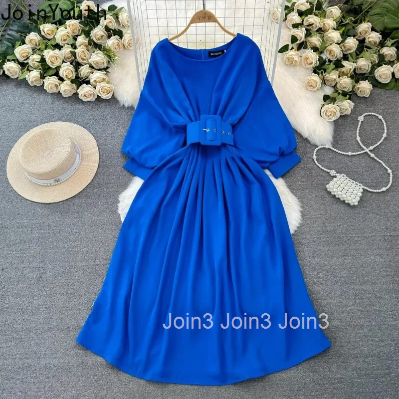 Korean Fashion Vintage O-neck Dress for Women Summer New Slim Waist A-line Tunic Dresses Y2k Long Sleeve Loose Vestidos Mujer