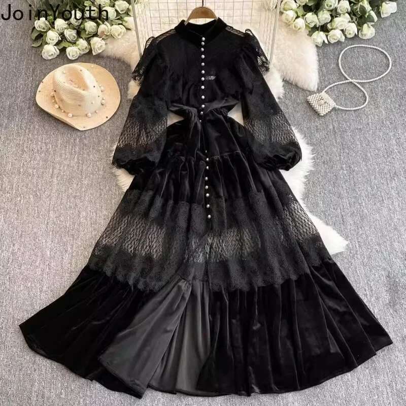 Vintage Woman Dress Stand Neck Single Breasted Patchwork Lace Long Robe Femme 2025 Fashion Ruffles Party Velvet Maxi Dresses