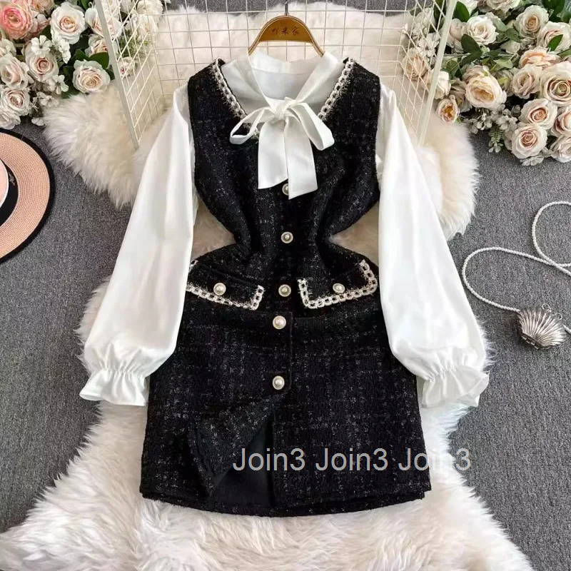 Dresses Outfits Korean Vintage Two Piece Sets Womens Clothes Bandage Bow Long Sleeve Shirt Woolen Sleeveless Plaid Dress Suit