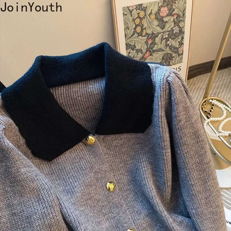 Women Clothing Cropped Cardigan Single Breasted Turndown Collar Pull Femme 2025 Ropa Mujer Vintage Fashion Knitted Sweater Tops