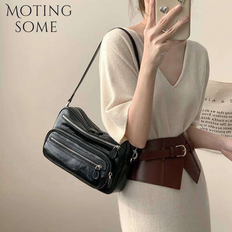First Layer Cowhide Leather Vintage Brand Key Zipper Shoulder Handbag Underarm Small Square Female Bag Personality