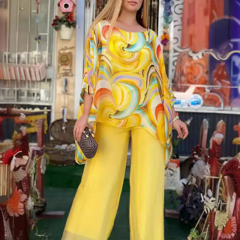 Colorful Pattern Printed Chiffon Outfits Long Sleeve Loose Top And Wide Leg Pants Set Women Elegant Two Piece Set Fashion Suits 250617