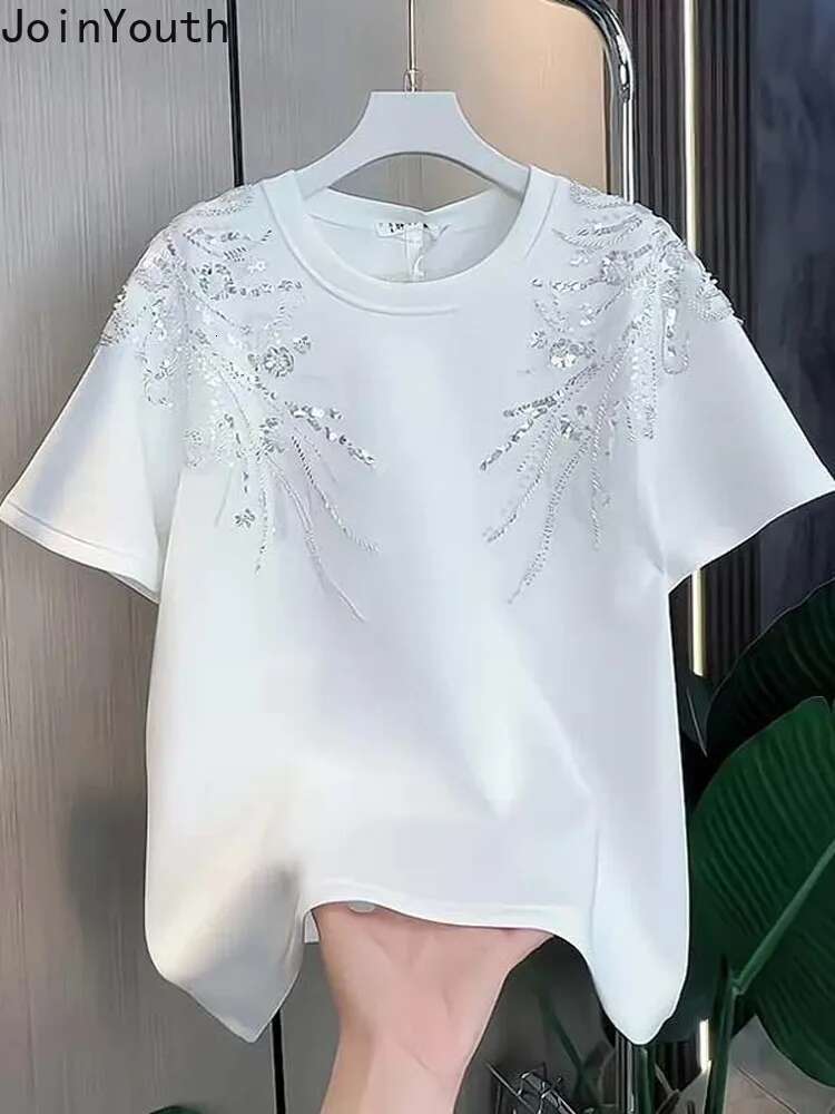 2025 Ropa Mujer White Tshirts for Women O-neck Short Sleeve Tees Fashion Sequin Diamond Camisetas Loose Casual Summer T-shirt