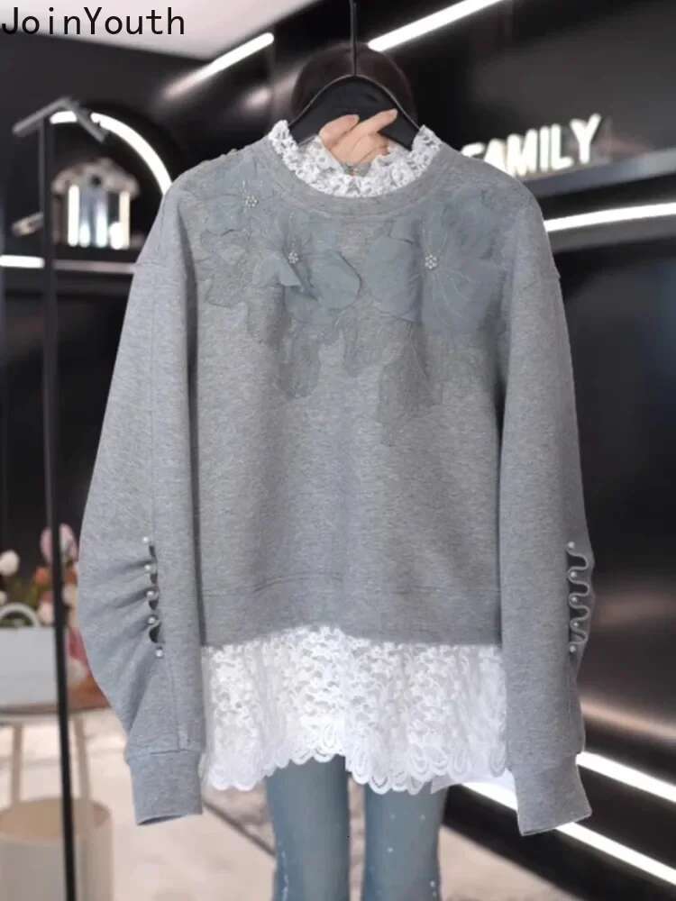 Korean Sweatshirts Patchwork Lace Thicked Long Sleeve Half High Collar Hoodies Fashion Y2k Tops Casual Floral Vintage Hoodie
