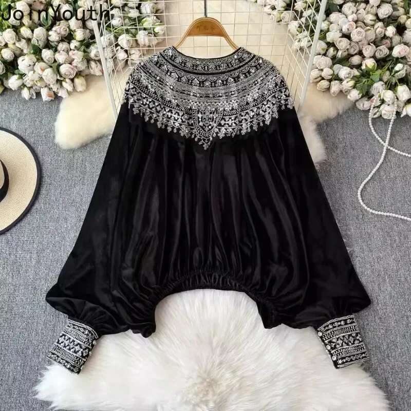 Vintage Blouses Womens Clothing Sequin Velvet Shirts 2025 Blusas De Mujer Temperament Lady Tops Loose Fashion Korean Blouse