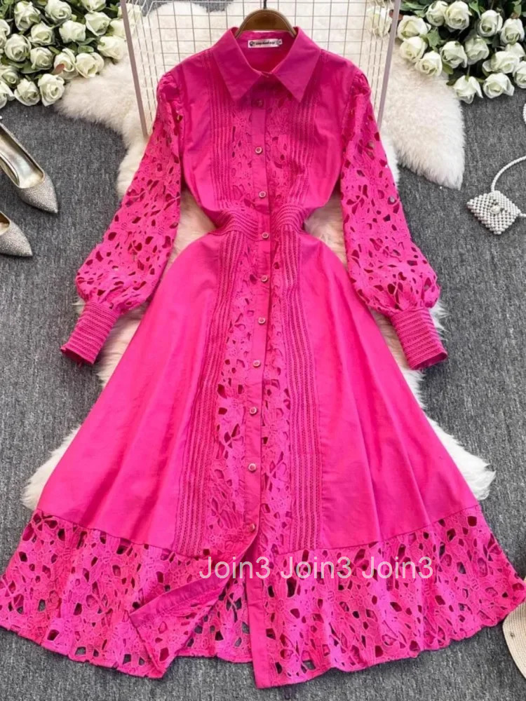 Maxi Dresses for Women Lace Hollow Out Single Breasted A-line Robe Femme Lantern Sleeve Vintage Summer Dress Vestidos De Mujer