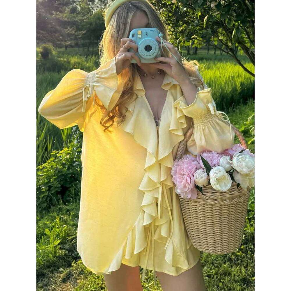 Talenza Women's Two Piece Casual Ruffle Loose Lace-up Top Slim Summer Office Lady Female Shorts Set