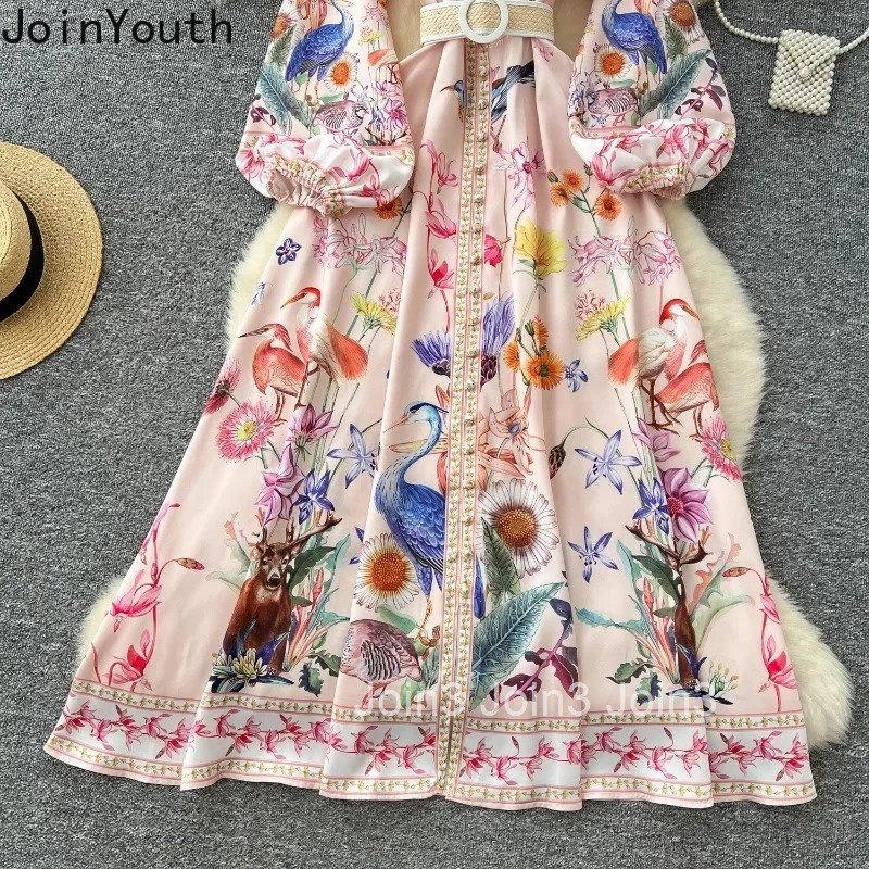 Elegant Dresses for Women Chic Floral Single Breasted Slim Waist Robe Femme Vintage Big Swing Maxi Dress 2025 Vestidos De Muer