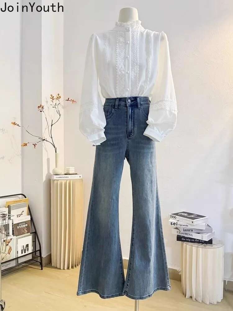 2025 Blusas Mujer De Moda Stand Neck Ruffles Long Sleeve Blouse Women Clothing White Tops Fashion Lantern Sleeve Sweet Shirts