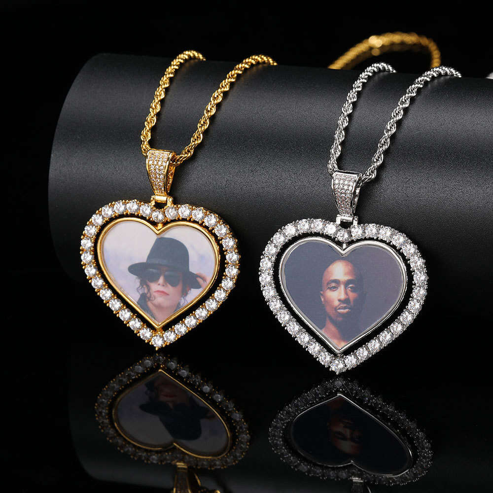 Hip Hop Rotatable Double-Sided Heart Micro-Paved Zircon Commemorative Frame Necklace Photo Pendant 2100
