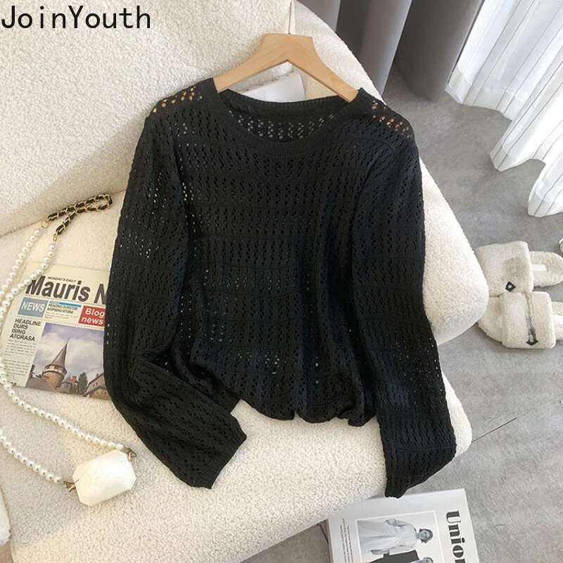 Sueter Mujer Fashion Sweaters Tops Womens Clothing Long Sleeve O-neck Jumper Casual Knitted Hollow Out Summer Cropped Pullovers