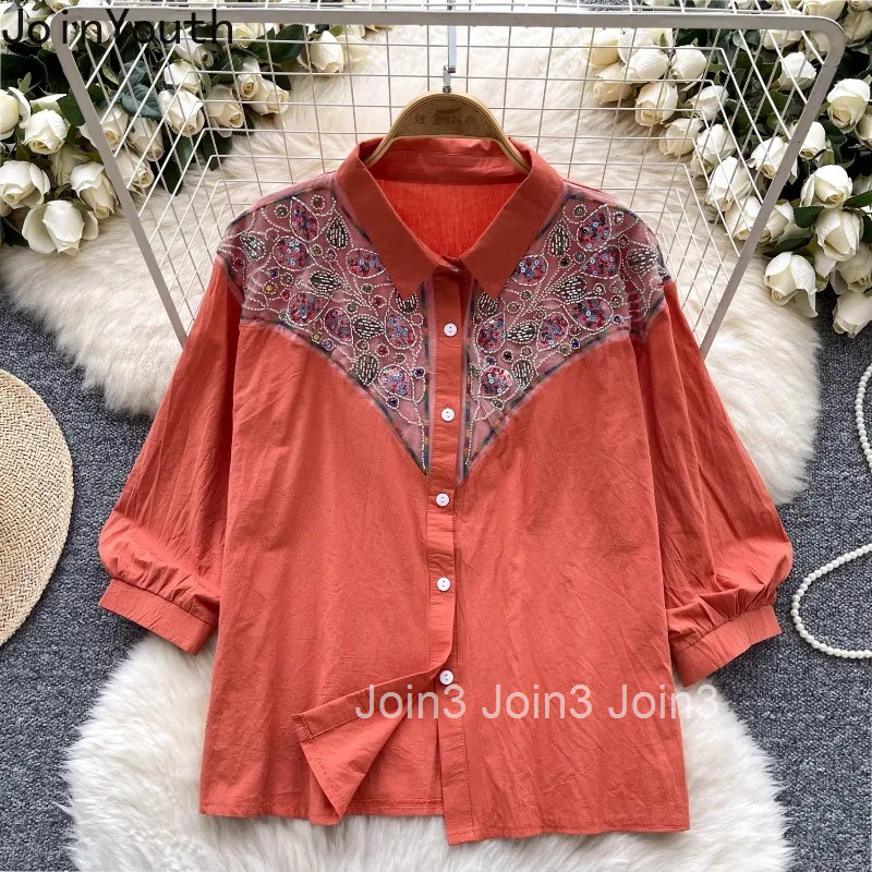 2025 Blusas Mujer De Moda Vintage Blouse Women Clothes Patchwork Sequin Embroidery Shirts Casual Long Sleeve Loose Blouses Tops