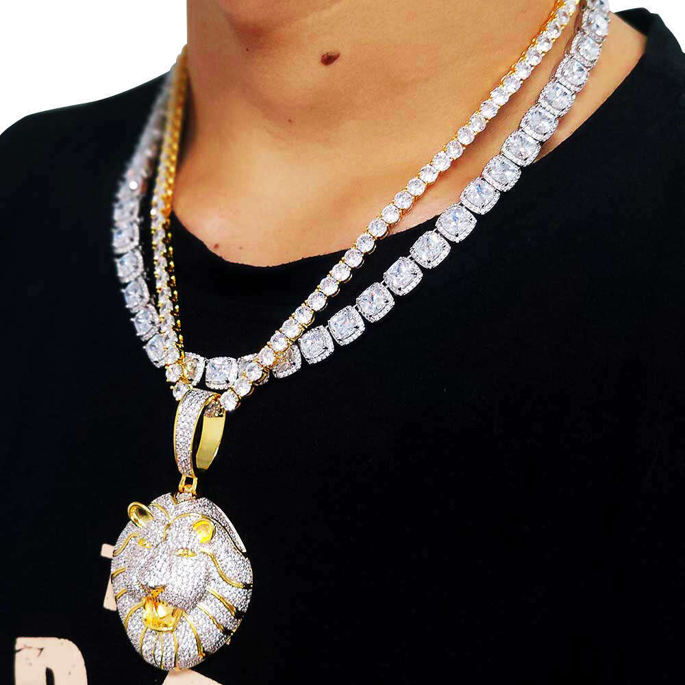 Micro Paved Zircon Solid Lion Head Pendant Real Gold Plated Trendy Hip Hop Men's Necklace Accessory 8aa1