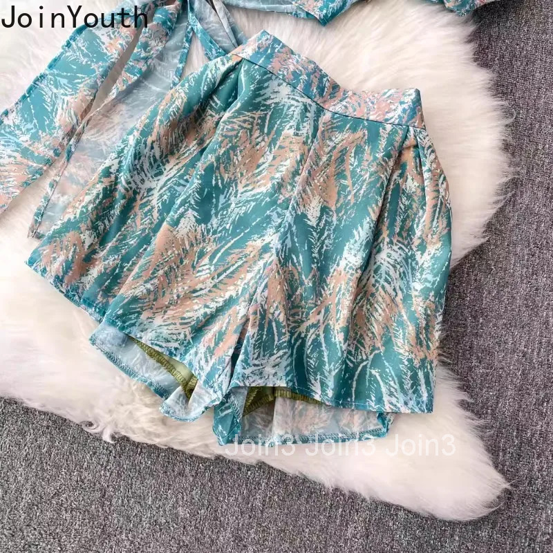 Shorts Sets Summer Womens Clothing 2 Piece Set Deep V-neck Bandage Loose Shirt High Waist Wide Leg Shorts Outfits Floral Suit