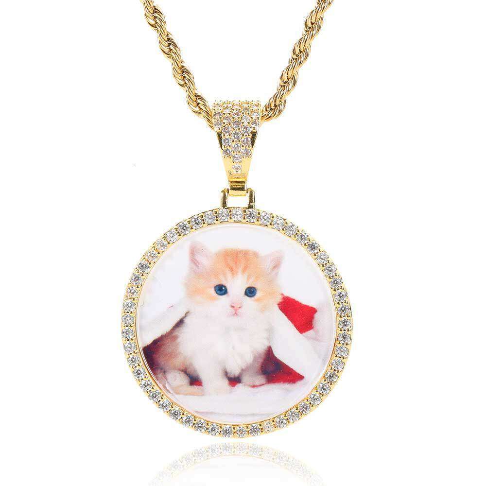 Hip Hop Small Round Trendy DIY Creative Photo Frame Zircon Pendant Men's Necklace 0b36
