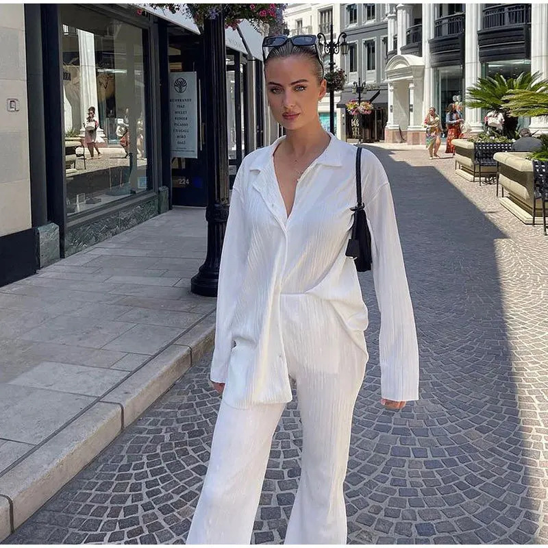 Two Piece Set Women Outfits Pleated Womens Elegant Drape Loose Sets Shirt High Waist Trousers Female Suit Fashion Casual 250617