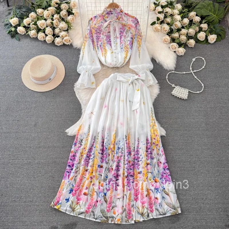 Floral Vintage 2 Piece Sets 2025 Women Clothing Stand Neck Bandage Blouses High Waist A-line Big Swing Suit Chic Summer Outfits