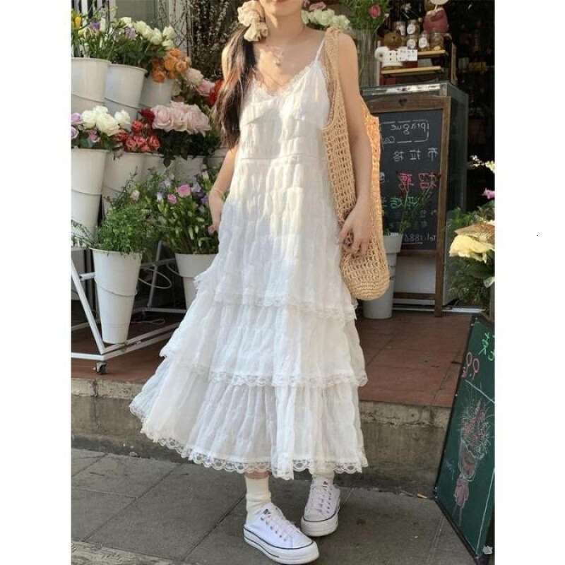 White Skirt Maxi Skirt New French Style White Strap Long Versatile Sweet Youthful Lace Cake Beach Dress Spring Summer Long Skirt