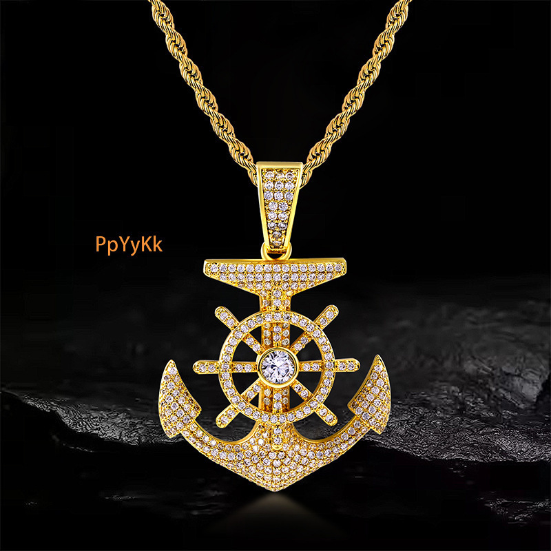 HipHop Luxury Designer Jewelry DiamondInlaid Anchor Compass Pendant Moissanite Necklace Trendy Men BlingBling Accessory