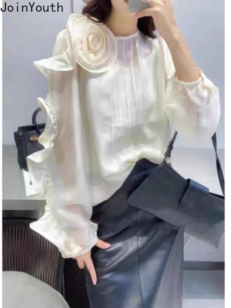 2025 Camisas De Mujer Chic Blouses for Women Temperament Lady Tops Solid Color 3D Floral Shirts Fashion Summer Vintage Blouse
