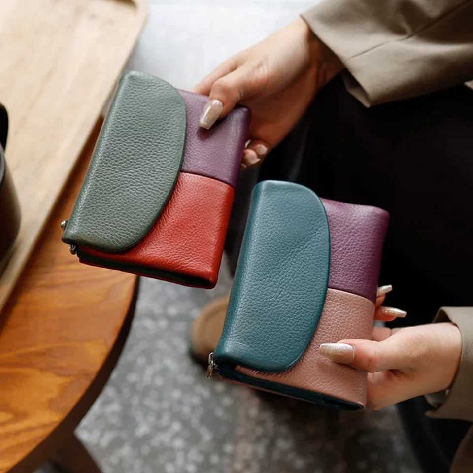 Women Tricolor Wallet Cow Leather Card Holder Clutch Zipper Coin Pocket Short Wallet Cash Purse With Photo ID Window Z250621