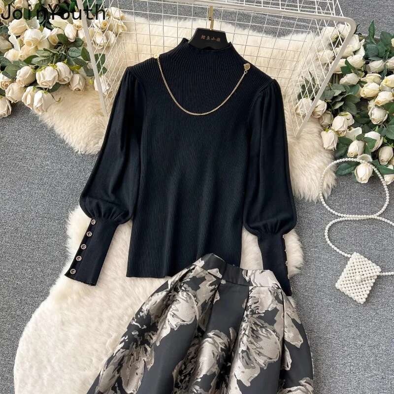 2 Piece Skirt Set Womens Clothing Half High Collar Knitted Pullovers High Waist Big Swing Skirts Outfits Vintage Korean Suit