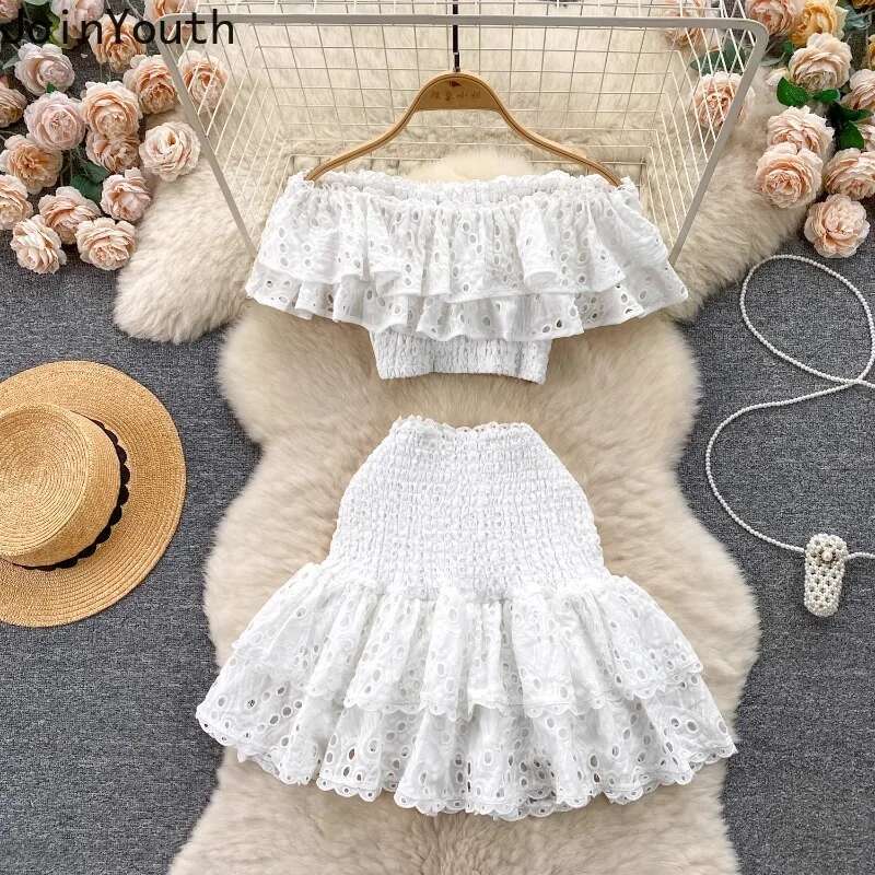Women Clothing Summer Suit 2 Piece Sets Slash Neck Ruffles Crop Tops Bodycon Mini Skirt Outfits Hollow Out Folds Sweet Chic Set