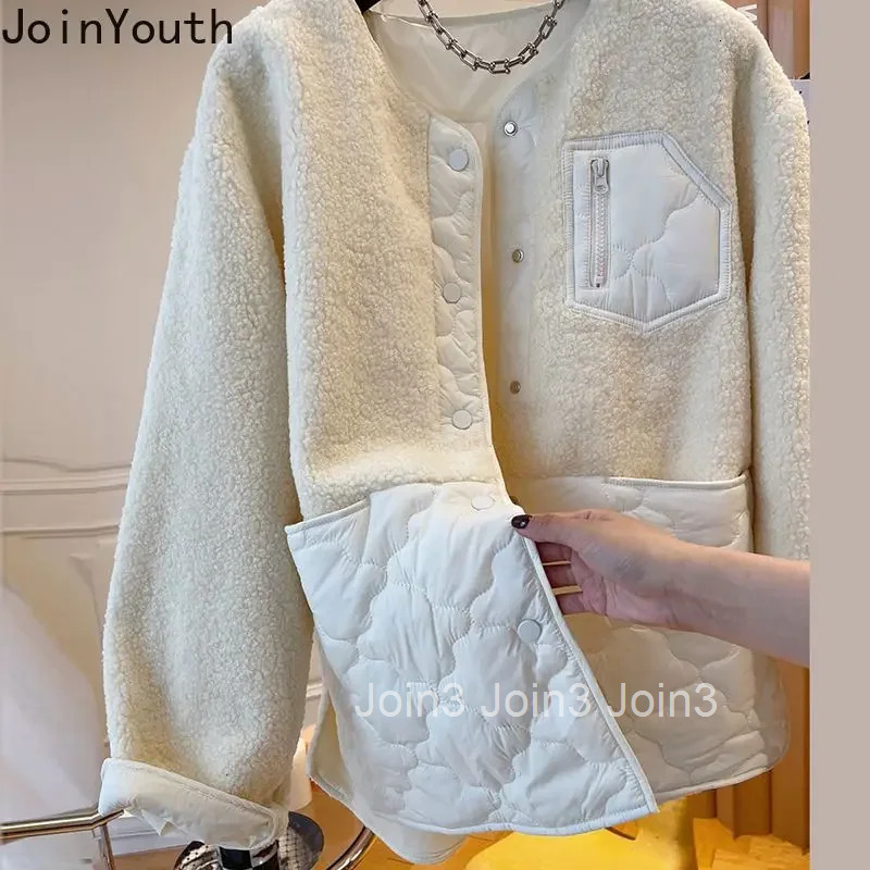 Fashion Jackets Winter Clothes Women O-neck Patchwork Lamb Wool Outwear Oversized Tops Casual Thicked Y2k Coats 2025 Ropa Mujer