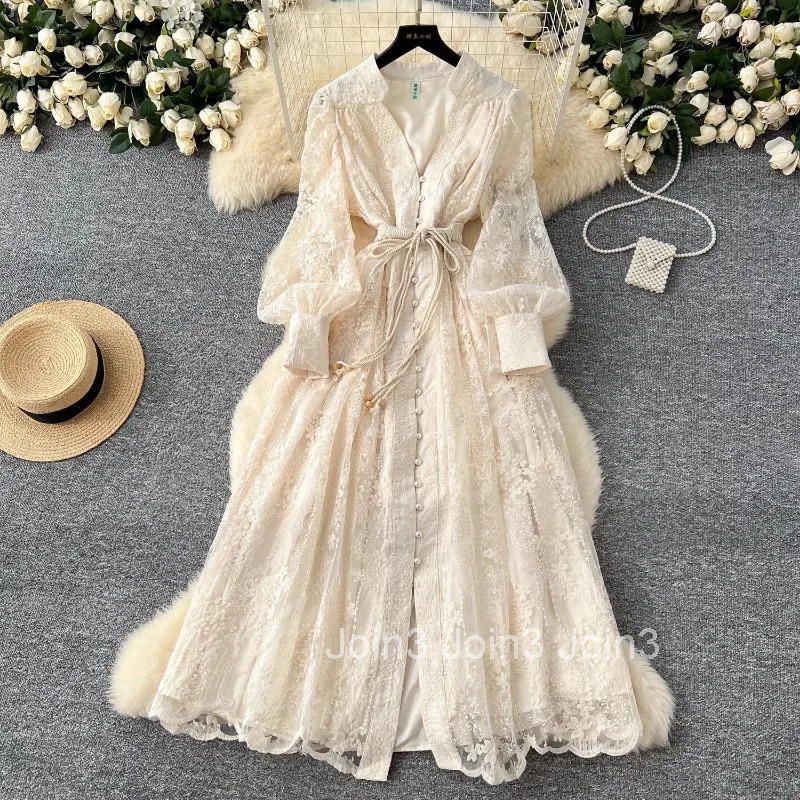 Vintage Single Breasted Dress Women 2025 Vestidos De Mujer Embroidery Slim Fit Lace V-neck Long Sleeve Temperament Robe Femme