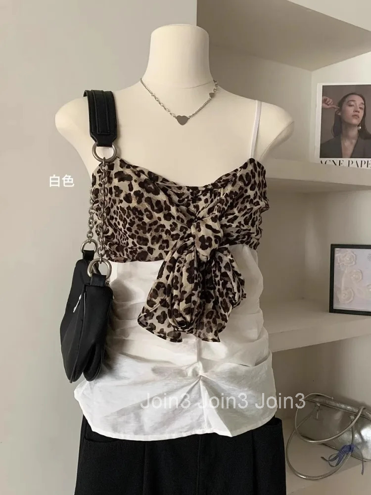 Contrast Color Leopard Print Tanks 2025 Womens Clothing Sexy Tunic Fashion Vest Crop Tops Bandage Bow Summer Tees Korean Camis
