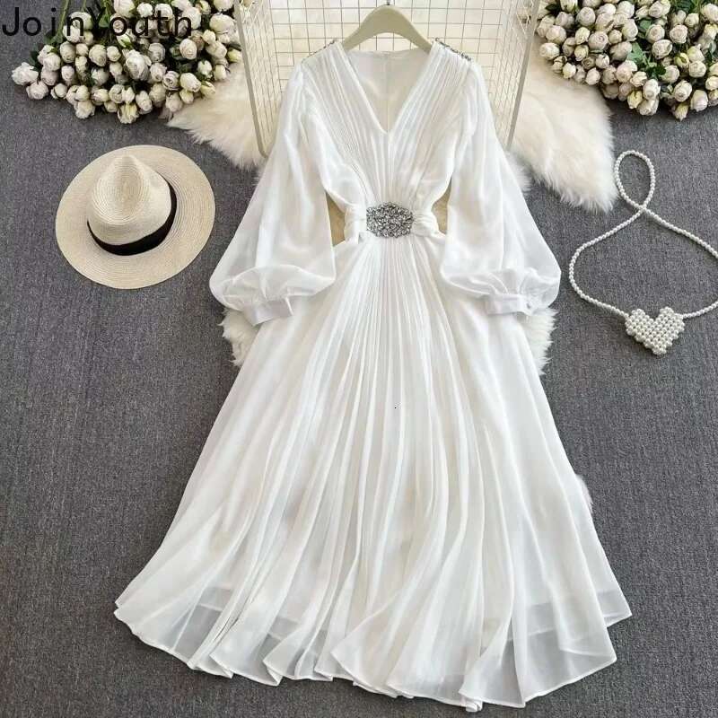 Elegant Maxi Dresses Holidays Chic Ropa Mujer V Neck Lantern Sleeve Chiffon Slim Waist Vestido Femme Pleated Big Swing Dress