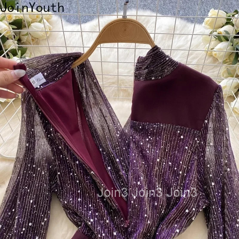 Chic Party Dress for Women 2025 Vestidos De Mujer Temperament Robe Femme Patchwork Gauze Sequin Ruffles Bodycon Split Dresses